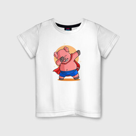 Детская футболка хлопок с принтом Свинка супермен даббинг в Петрозаводске, 100% хлопок | круглый вырез горловины, полуприлегающий силуэт, длина до линии бедер | Тематика изображения на принте: dab | pig | даб | даббинг | животное | свинка | свинья | супермен | хрюша | хрюшка