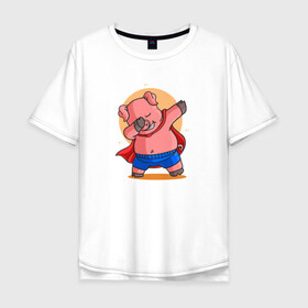 Мужская футболка хлопок Oversize с принтом Свинка супермен даббинг в Петрозаводске, 100% хлопок | свободный крой, круглый ворот, “спинка” длиннее передней части | Тематика изображения на принте: dab | pig | даб | даббинг | животное | свинка | свинья | супермен | хрюша | хрюшка
