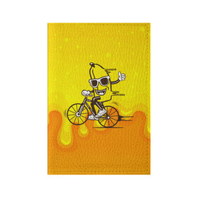 Обложка для паспорта матовая кожа с принтом Банан на велосипеде в Петрозаводске, натуральная матовая кожа | размер 19,3 х 13,7 см; прозрачные пластиковые крепления | Тематика изображения на принте: байк | банан | бананчик | велик | велосипед | живой банан | спорт