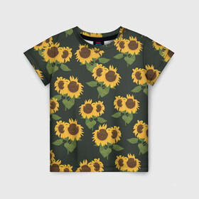Детская футболка 3D с принтом Подсолнухи в Петрозаводске, 100% гипоаллергенный полиэфир | прямой крой, круглый вырез горловины, длина до линии бедер, чуть спущенное плечо, ткань немного тянется | Тематика изображения на принте: лето | паттерн | подсолнухи | семечки | солнце | цветок солнце | цветы