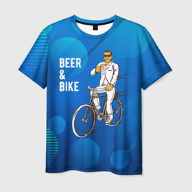 Мужская футболка 3D с принтом Велосипед и пиво в Петрозаводске, 100% полиэфир | прямой крой, круглый вырез горловины, длина до линии бедер | без рук | вело | велосипед | велосипедист | колеса | руль | спорт