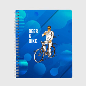 Тетрадь с принтом Велосипед и пиво в Петрозаводске, 100% бумага | 48 листов, плотность листов — 60 г/м2, плотность картонной обложки — 250 г/м2. Листы скреплены сбоку удобной пружинной спиралью. Уголки страниц и обложки скругленные. Цвет линий — светло-серый
 | без рук | вело | велосипед | велосипедист | колеса | руль | спорт