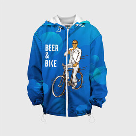 Детская куртка 3D с принтом Велосипед и пиво в Петрозаводске, 100% полиэстер | застежка — молния, подол и капюшон оформлены резинкой с фиксаторами, по бокам — два кармана без застежек, один потайной карман на груди, плотность верхнего слоя — 90 г/м2; плотность флисового подклада — 260 г/м2 | без рук | вело | велосипед | велосипедист | колеса | руль | спорт