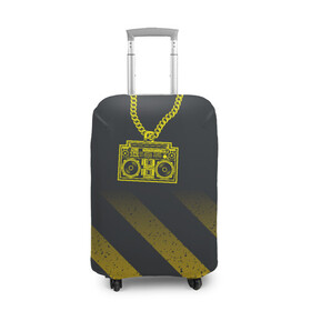 Чехол для чемодана 3D с принтом Золотой магнитофон на цепи в Петрозаводске, 86% полиэфир, 14% спандекс | двустороннее нанесение принта, прорези для ручек и колес | бумбокс | золотая цепь | золото | магнитофон | музыка | цепь