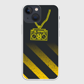 Чехол для iPhone 13 mini с принтом Золотой магнитофон на цепи в Петрозаводске,  |  | бумбокс | золотая цепь | золото | магнитофон | музыка | цепь