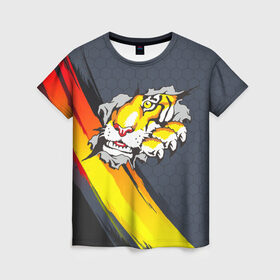Женская футболка 3D с принтом Тигр разрывает изнутри в Петрозаводске, 100% полиэфир ( синтетическое хлопкоподобное полотно) | прямой крой, круглый вырез горловины, длина до линии бедер | дыра | дырка | крупная кошка | разрывает | тигр | тигрица