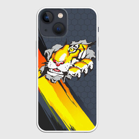 Чехол для iPhone 13 mini с принтом Тигр разрывает изнутри в Петрозаводске,  |  | дыра | дырка | крупная кошка | разрывает | тигр | тигрица