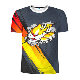 Мужская футболка 3D спортивная с принтом Тигр разрывает изнутри в Петрозаводске, 100% полиэстер с улучшенными характеристиками | приталенный силуэт, круглая горловина, широкие плечи, сужается к линии бедра | Тематика изображения на принте: дыра | дырка | крупная кошка | разрывает | тигр | тигрица