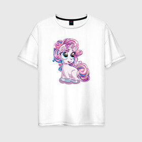 Женская футболка хлопок Oversize с принтом Маленький розовый единорог в Петрозаводске, 100% хлопок | свободный крой, круглый ворот, спущенный рукав, длина до линии бедер
 | horse | kawaii | unikorn | единорог | единорожка | конь | лошадь | пони | радуга | рог | цветной