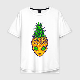 Мужская футболка хлопок Oversize с принтом Ананас инопланетянин в Петрозаводске, 100% хлопок | свободный крой, круглый ворот, “спинка” длиннее передней части | a pineapple | alien | tegunvteg | ананас | инопланетянин | нло | пришелец | сюрреализм
