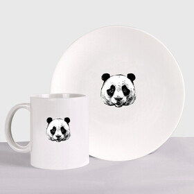Набор: тарелка + кружка с принтом Голова панды в Петрозаводске, керамика | Кружка: объем — 330 мл, диаметр — 80 мм. Принт наносится на бока кружки, можно сделать два разных изображения. 
Тарелка: диаметр - 210 мм, диаметр для нанесения принта - 120 мм. | panda | животное | медведи | медведь | мишки | панда | панды