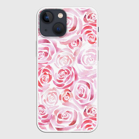 Чехол для iPhone 13 mini с принтом Розовые розы в Петрозаводске,  |  | botanic | flower | pink | rose | summer | watercolor | акварель | акварельный | белый | ботаника | весна | летний | лето | нежный | пастельный | розовый | розы | цветочный | цветы