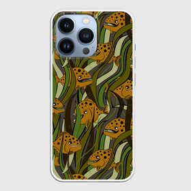 Чехол для iPhone 13 Pro с принтом Пираньи камуфляж в Петрозаводске,  |  | камуфляж | монстры | охра | пираньи | под водой | рыбы | хаки