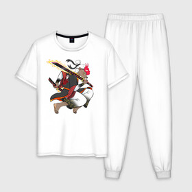 Мужская пижама хлопок с принтом Honey badger samurai в Петрозаводске, 100% хлопок | брюки и футболка прямого кроя, без карманов, на брюках мягкая резинка на поясе и по низу штанин
 | барсук | зверь | иллюстрация | китай | медоед | самурай