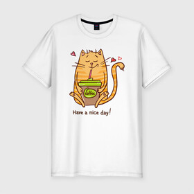 Мужская футболка хлопок Slim с принтом Have A Nice Day в Петрозаводске, 92% хлопок, 8% лайкра | приталенный силуэт, круглый вырез ворота, длина до линии бедра, короткий рукав | animal | cat | cute | kitty | meow | друг | животные | киска | кися | китти | кот | котенок | котик | котэ | кошечка | кошка | мур | мяу | питомец