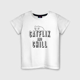 Детская футболка хлопок с принтом Catflix в Петрозаводске, 100% хлопок | круглый вырез горловины, полуприлегающий силуэт, длина до линии бедер | animal | cat | cute | kitty | meow | друг | животные | киска | кися | китти | кот | котенок | котик | котэ | кошечка | кошка | мур | мяу | питомец