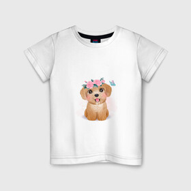 Детская футболка хлопок с принтом Пудель и цветы в Петрозаводске, 100% хлопок | круглый вырез горловины, полуприлегающий силуэт, длина до линии бедер | cute | dog | poodle | woof | гав | забавный | пес | песель | песик | пудель | смешной | собака | собачка | щенок