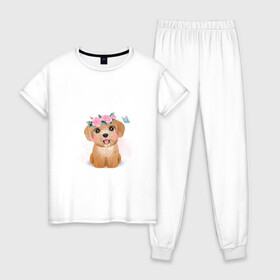 Женская пижама хлопок с принтом Пудель и цветы в Петрозаводске, 100% хлопок | брюки и футболка прямого кроя, без карманов, на брюках мягкая резинка на поясе и по низу штанин | cute | dog | poodle | woof | гав | забавный | пес | песель | песик | пудель | смешной | собака | собачка | щенок