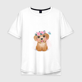 Мужская футболка хлопок Oversize с принтом Пудель и цветы в Петрозаводске, 100% хлопок | свободный крой, круглый ворот, “спинка” длиннее передней части | cute | dog | poodle | woof | гав | забавный | пес | песель | песик | пудель | смешной | собака | собачка | щенок