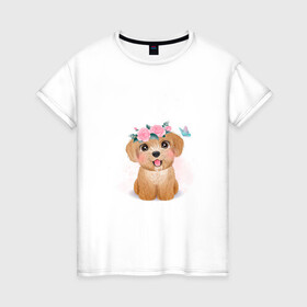 Женская футболка хлопок с принтом Пудель и цветы в Петрозаводске, 100% хлопок | прямой крой, круглый вырез горловины, длина до линии бедер, слегка спущенное плечо | cute | dog | poodle | woof | гав | забавный | пес | песель | песик | пудель | смешной | собака | собачка | щенок
