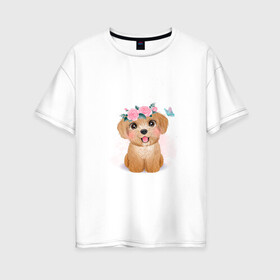 Женская футболка хлопок Oversize с принтом Пудель и цветы в Петрозаводске, 100% хлопок | свободный крой, круглый ворот, спущенный рукав, длина до линии бедер
 | cute | dog | poodle | woof | гав | забавный | пес | песель | песик | пудель | смешной | собака | собачка | щенок