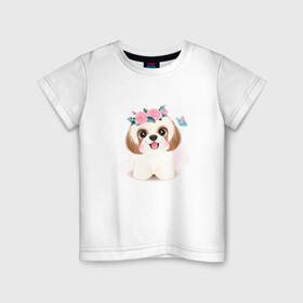 Детская футболка хлопок с принтом Ши-тцу собака в Петрозаводске, 100% хлопок | круглый вырез горловины, полуприлегающий силуэт, длина до линии бедер | cute | dog | shih tzu | woof | гав | забавный | пес | песель | песик | смешной | собака | собачка | ши тцу | щенок