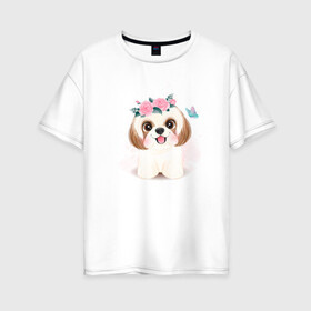 Женская футболка хлопок Oversize с принтом Ши-тцу собака в Петрозаводске, 100% хлопок | свободный крой, круглый ворот, спущенный рукав, длина до линии бедер
 | cute | dog | shih tzu | woof | гав | забавный | пес | песель | песик | смешной | собака | собачка | ши тцу | щенок