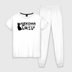 Женская пижама хлопок с принтом Волейбольный клуб Некома в Петрозаводске, 100% хлопок | брюки и футболка прямого кроя, без карманов, на брюках мягкая резинка на поясе и по низу штанин | anime | haikyu | haikyuu | manga | nekoma high | аниме | волейбол | волейбольный клуб | кот | коты | кошка | кошки | красная | красный | лого | логотип | манга | надпись | старшая некома | старшая школа | хаику | хаикую