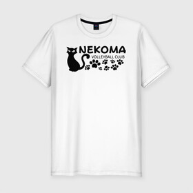 Мужская футболка хлопок Slim с принтом Волейбольный клуб Некома в Петрозаводске, 92% хлопок, 8% лайкра | приталенный силуэт, круглый вырез ворота, длина до линии бедра, короткий рукав | anime | haikyu | haikyuu | manga | nekoma high | аниме | волейбол | волейбольный клуб | кот | коты | кошка | кошки | красная | красный | лого | логотип | манга | надпись | старшая некома | старшая школа | хаику | хаикую