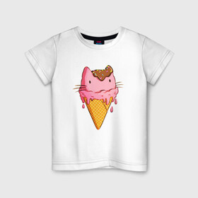 Детская футболка хлопок с принтом Cat Ice Cream в Петрозаводске, 100% хлопок | круглый вырез горловины, полуприлегающий силуэт, длина до линии бедер | Тематика изображения на принте: animal | cat | cute | ice cream | kitty | meow | друг | еда | животные | киска | кися | китти | кот | котенок | котик | котэ | кошечка | кошка | мороженое | мур | мяу | питомец