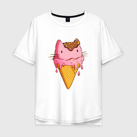 Мужская футболка хлопок Oversize с принтом Cat Ice Cream в Петрозаводске, 100% хлопок | свободный крой, круглый ворот, “спинка” длиннее передней части | Тематика изображения на принте: animal | cat | cute | ice cream | kitty | meow | друг | еда | животные | киска | кися | китти | кот | котенок | котик | котэ | кошечка | кошка | мороженое | мур | мяу | питомец