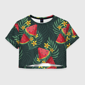 Женская футболка Crop-top 3D с принтом Арзуб и папоротник в Петрозаводске, 100% полиэстер | круглая горловина, длина футболки до линии талии, рукава с отворотами | арбуз | арт | иллюстрация | папоротник | цветок | ягода