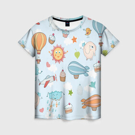 Женская футболка 3D с принтом Детские рисунки в Петрозаводске, 100% полиэфир ( синтетическое хлопкоподобное полотно) | прямой крой, круглый вырез горловины, длина до линии бедер | воздушныйшар | детскиерисунки | облачко | слон | солнышко