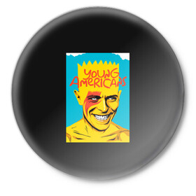 Значок с принтом Bart x Bowie в Петрозаводске,  металл | круглая форма, металлическая застежка в виде булавки | Тематика изображения на принте: bart | simpsons | the simpson | барт | дэвид бови | дэвид боуи | мульт | мультфильм | симпсоны
