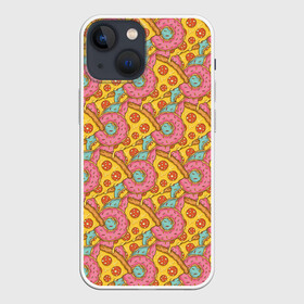 Чехол для iPhone 13 mini с принтом Пицца и пончики в Петрозаводске,  |  | background | cheese | donuts | food | pattern | pizza | sausage | texture | еда | колбаса | паттерн | пицца | пончики | сыр | текстура | фон