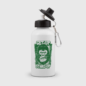 Бутылка спортивная с принтом Get Up - Stand Up в Петрозаводске, металл | емкость — 500 мл, в комплекте две пластиковые крышки и карабин для крепления | bob marley | get up | get up stand up | gorilla | stand up | боб марли | вставай | горилла | обезьяна