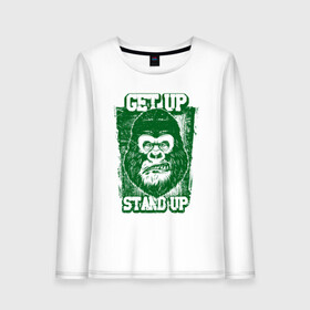 Женский лонгслив хлопок с принтом Get Up - Stand Up в Петрозаводске, 100% хлопок |  | bob marley | get up | get up stand up | gorilla | stand up | боб марли | вставай | горилла | обезьяна