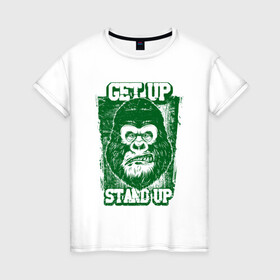 Женская футболка хлопок с принтом Get Up - Stand Up в Петрозаводске, 100% хлопок | прямой крой, круглый вырез горловины, длина до линии бедер, слегка спущенное плечо | bob marley | get up | get up stand up | gorilla | stand up | боб марли | вставай | горилла | обезьяна