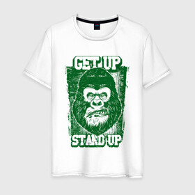 Мужская футболка хлопок с принтом Get Up - Stand Up в Петрозаводске, 100% хлопок | прямой крой, круглый вырез горловины, длина до линии бедер, слегка спущенное плечо. | bob marley | get up | get up stand up | gorilla | stand up | боб марли | вставай | горилла | обезьяна