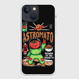 Чехол для iPhone 13 mini с принтом Astromato в Петрозаводске,  |  | alive | astronaut | defender | food | galaxy | ketchup | monster | moon | pizza | planet | space | spaghetti | tomato | vegetable | астронавт | галактика | еда | живая | живой | защитник | кетчуп | космос | луна | монстр | овощ | пицца | планета | помидор