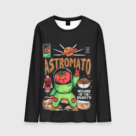 Мужской лонгслив 3D с принтом Astromato в Петрозаводске, 100% полиэстер | длинные рукава, круглый вырез горловины, полуприлегающий силуэт | Тематика изображения на принте: alive | astronaut | defender | food | galaxy | ketchup | monster | moon | pizza | planet | space | spaghetti | tomato | vegetable | астронавт | галактика | еда | живая | живой | защитник | кетчуп | космос | луна | монстр | овощ | пицца | планета | помидор