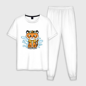 Мужская пижама хлопок с принтом Тигренок на отдыхе в Петрозаводске, 100% хлопок | брюки и футболка прямого кроя, без карманов, на брюках мягкая резинка на поясе и по низу штанин
 | Тематика изображения на принте: tiger | брызги воды | вода | животное | зверь | очки | тигр | тигренок | хищник
