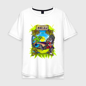 Мужская футболка хлопок Oversize с принтом RELAX | МОРЕ | ПЛЯЖ в Петрозаводске, 100% хлопок | свободный крой, круглый ворот, “спинка” длиннее передней части | palm | relax | sea | sun | гамак | горилла | лето | море | небо | обезьяна | отпуск | пальма | пальмы | пляж | релакс | солнце