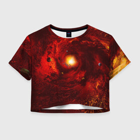 Женская футболка Crop-top 3D с принтом КОСМИЧЕСКИЙ ВИХРЬ в Петрозаводске, 100% полиэстер | круглая горловина, длина футболки до линии талии, рукава с отворотами | вселенная | галактика | звёзды | земля | космос | лучи | планеты | сияние | солнце