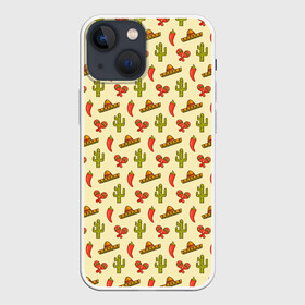 Чехол для iPhone 13 mini с принтом Мексиканский фон в Петрозаводске,  |  | background | cactus | hat | maracas | mexican background | mexico | pattern | pepper | sombrero | texture | кактус | маракасы | мексика | мексиканский фон | паттерн | перец | сомбреро | текстура | фон | шляпа