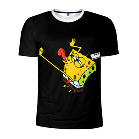 Мужская футболка 3D спортивная с принтом SpongeBob 3s в Петрозаводске, 100% полиэстер с улучшенными характеристиками | приталенный силуэт, круглая горловина, широкие плечи, сужается к линии бедра | губка боб | на коленях | облизывает | один | спанч боб
