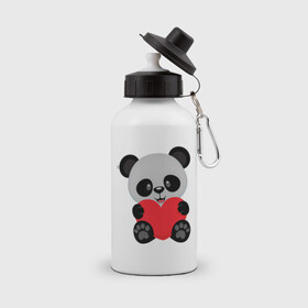 Бутылка спортивная с принтом Love Панда в Петрозаводске, металл | емкость — 500 мл, в комплекте две пластиковые крышки и карабин для крепления | Тематика изображения на принте: маленькая панда | медвежонок | панда | сердце | черно белый медведь