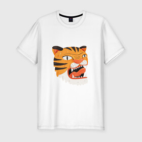Мужская футболка хлопок Slim с принтом Mad tiger в Петрозаводске, 92% хлопок, 8% лайкра | приталенный силуэт, круглый вырез ворота, длина до линии бедра, короткий рукав | берсерк | злось | пантера | показывать язык | тигр