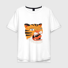 Мужская футболка хлопок Oversize с принтом Mad tiger в Петрозаводске, 100% хлопок | свободный крой, круглый ворот, “спинка” длиннее передней части | берсерк | злось | пантера | показывать язык | тигр