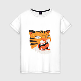 Женская футболка хлопок с принтом Mad tiger в Петрозаводске, 100% хлопок | прямой крой, круглый вырез горловины, длина до линии бедер, слегка спущенное плечо | берсерк | злось | пантера | показывать язык | тигр
